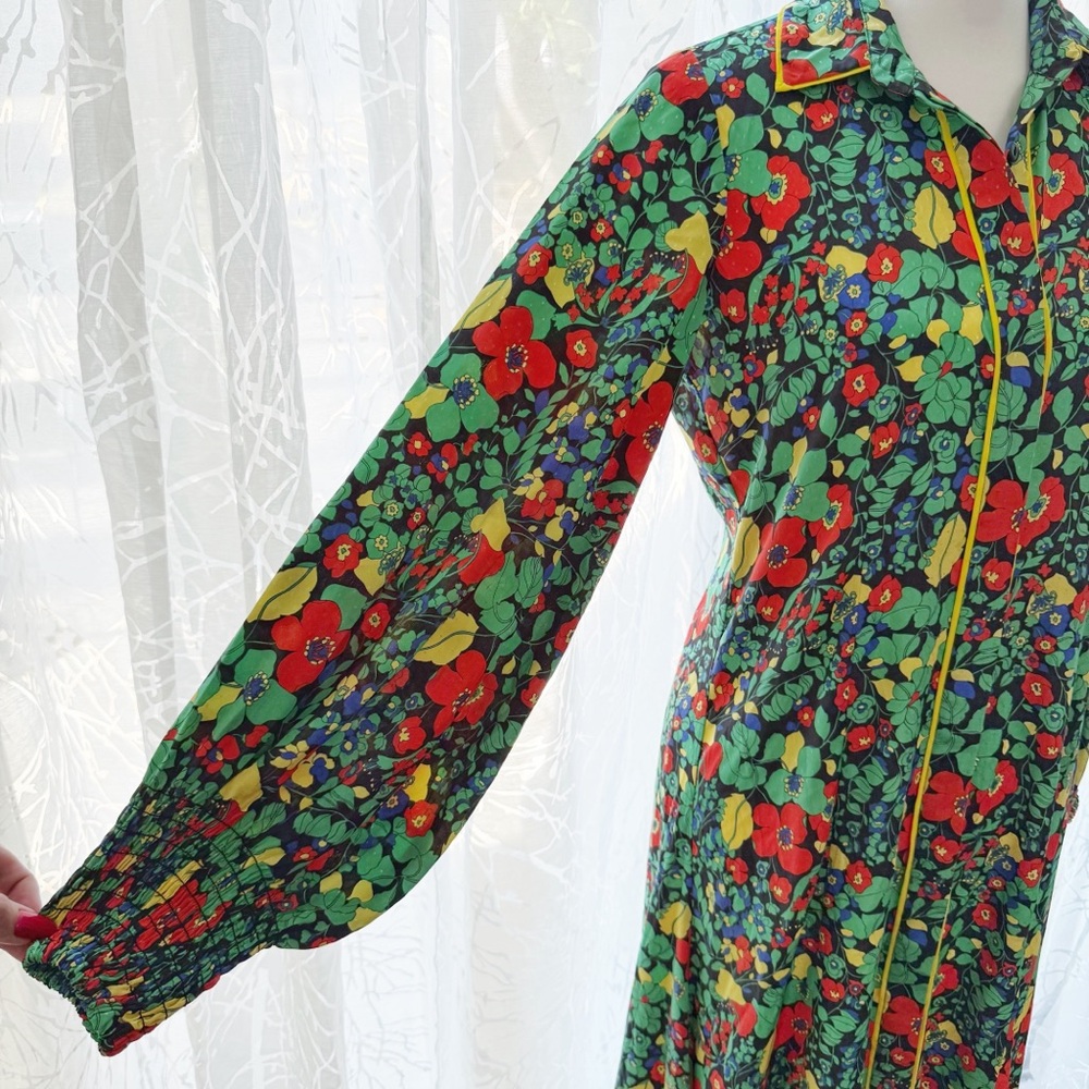 ALEXIS RED GREEN BLACK FLORAL PRINT COLLARED BUTTON UP HIROKA ROBE MAXI DRESS - Picture 3 of 16